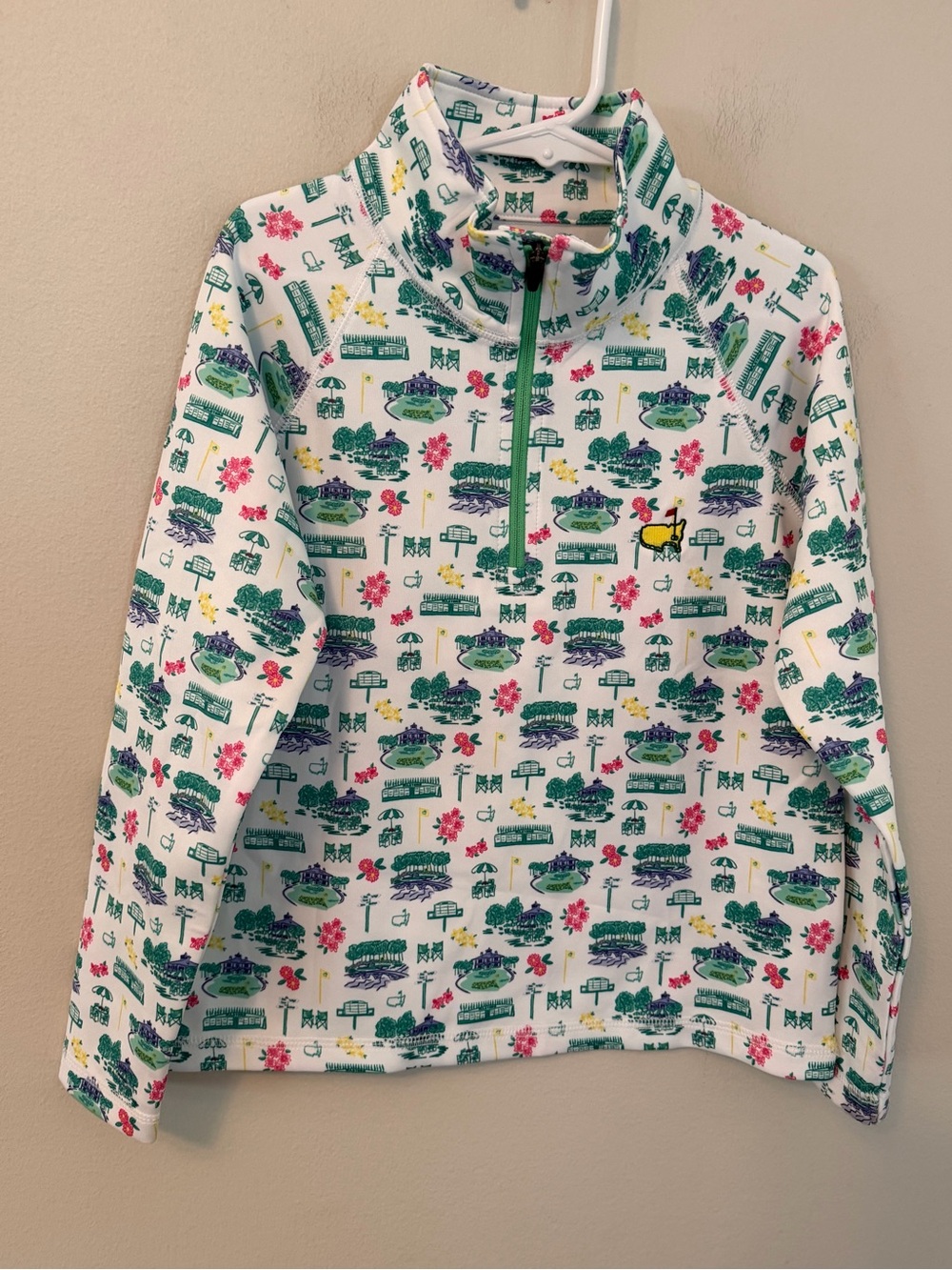 Masters Kids White Half-Zip Pullover with Green & Pink Scenic Print